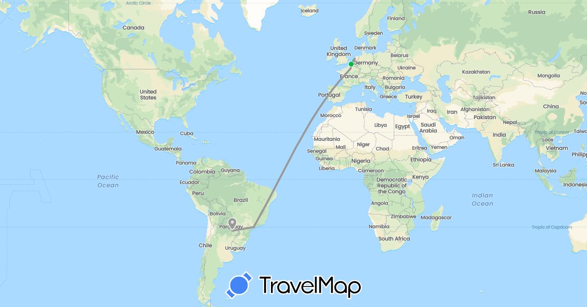 TravelMap itinerary: bus, plane in France, Netherlands (Europe)